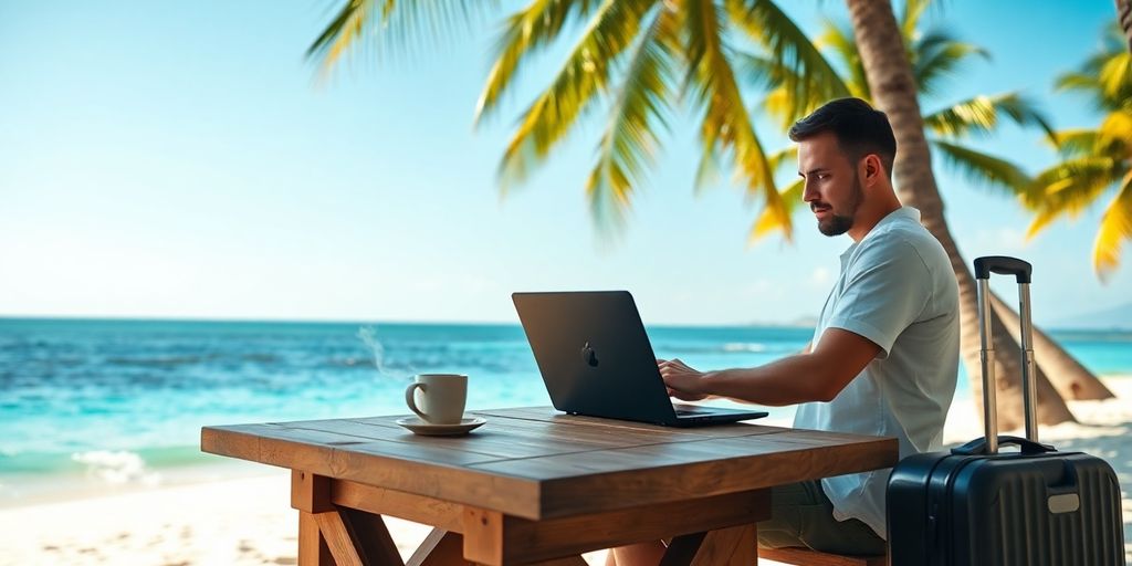 Person working on laptop at beach with ocean and suitcase