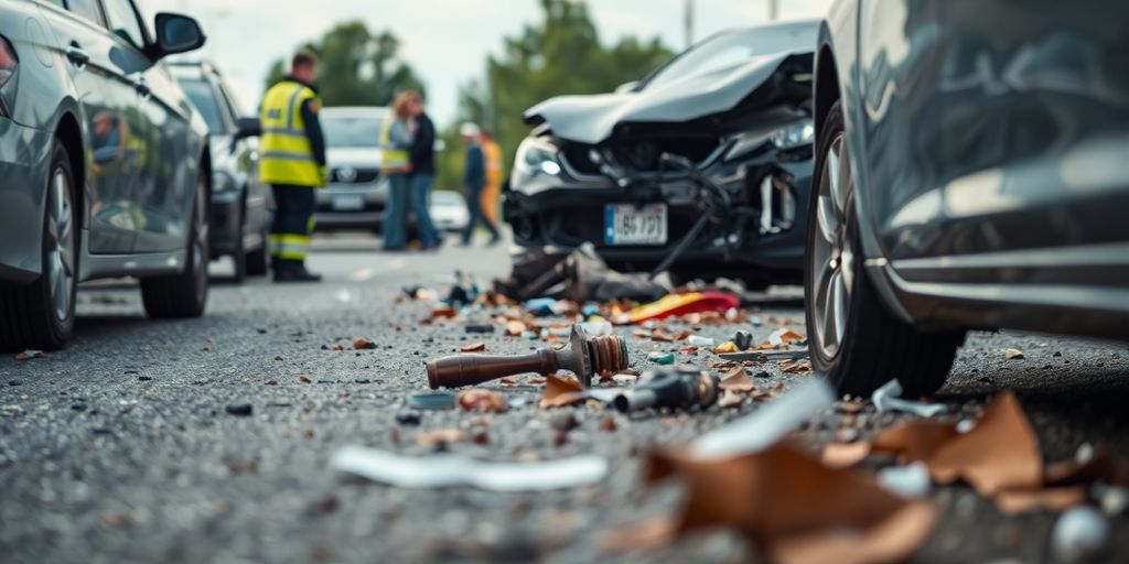 Car accident scene with damaged vehicles and responders.