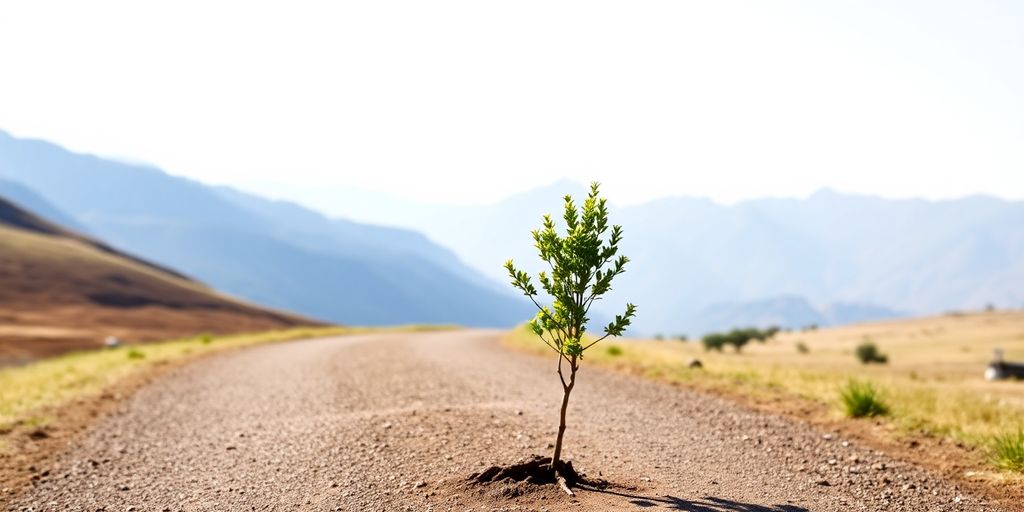 Winding path, distant mountains, growing tree
