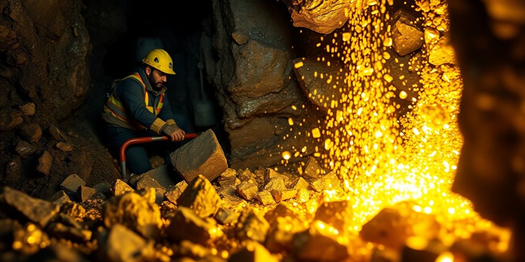 Explorateurs travaillant dans une mine d'or lumineuse.