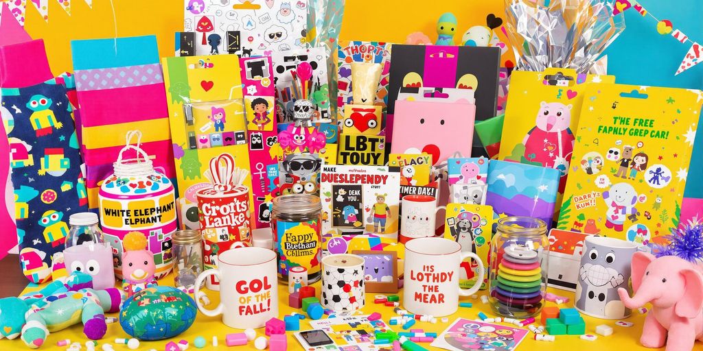Colorful assortment of playful white elephant gifts on table.