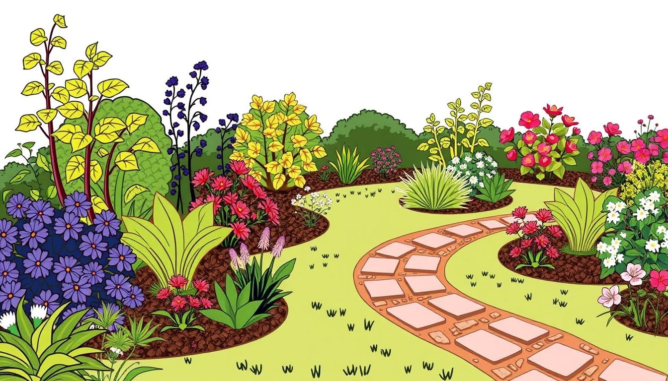 Illustrative garden with plants and pathway.