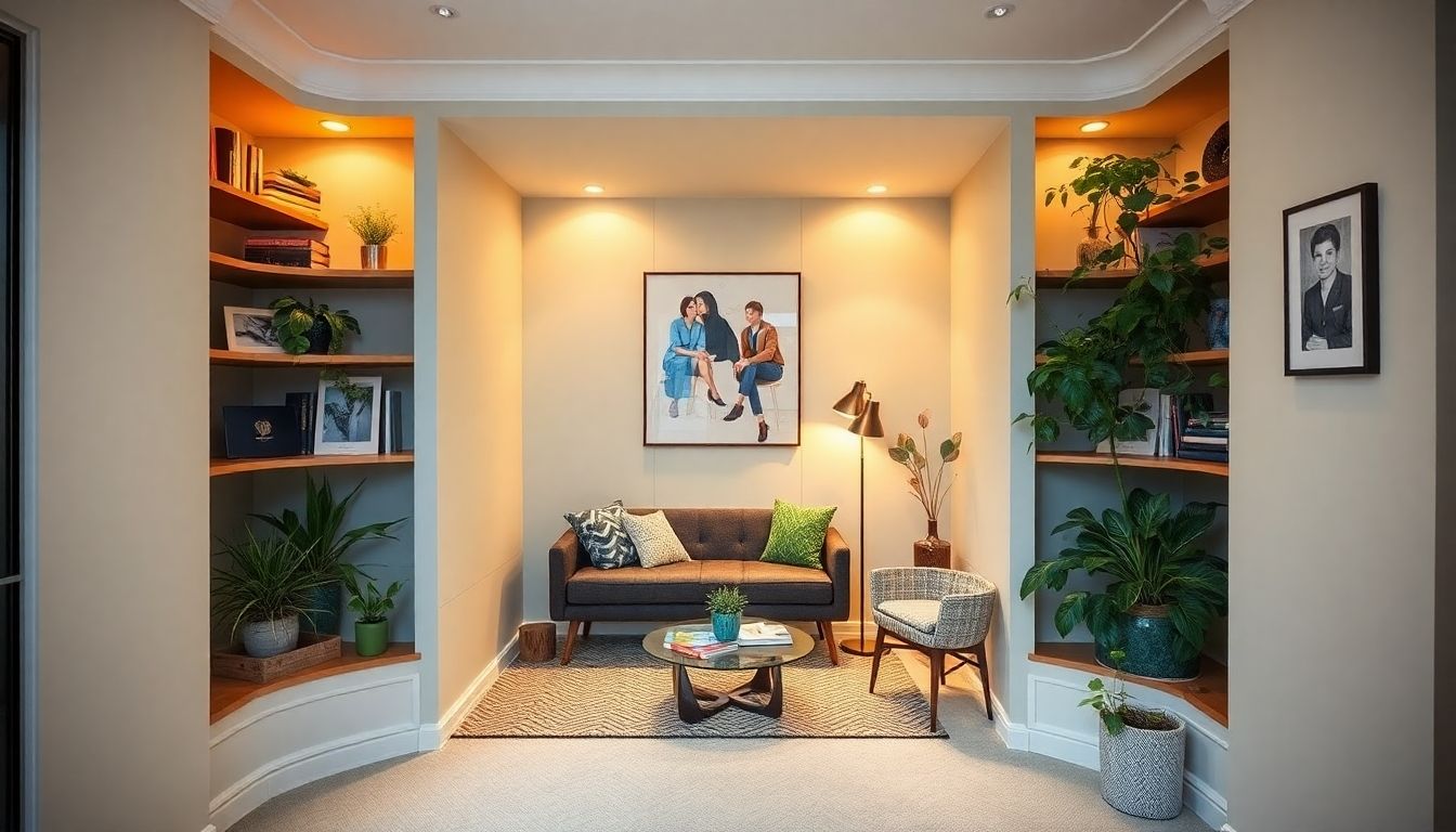 Stylish alcove with shelves and a reading nook.