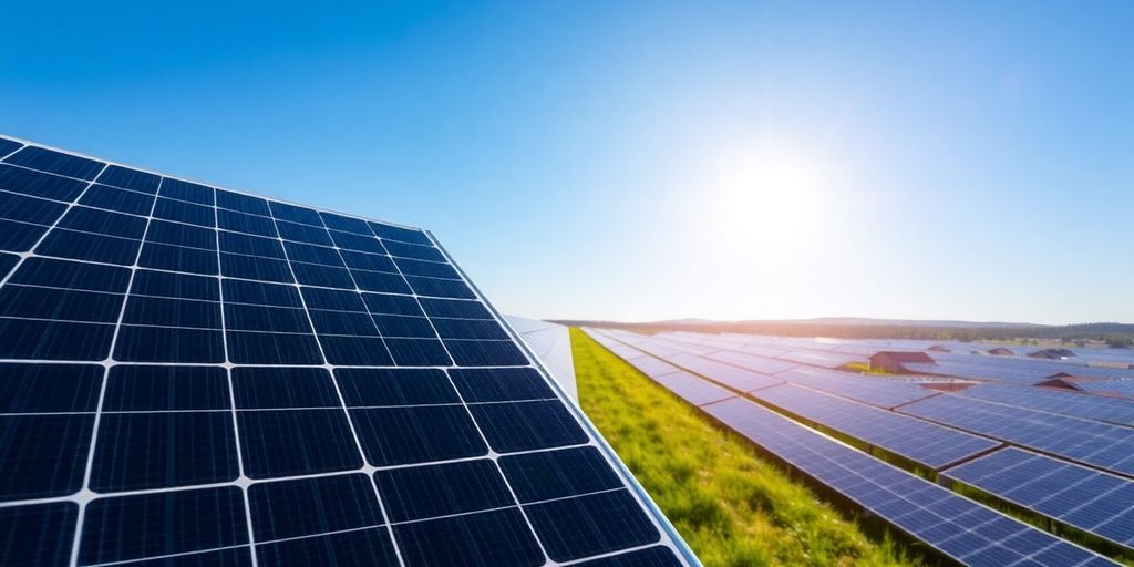 Panneaux solaires sur toits et champs, énergie solaire abondante.