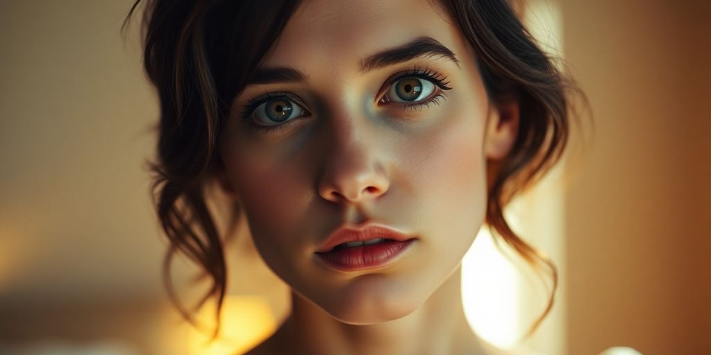 Mulher pensativa iluminada, retratando desejo e feminilidade.