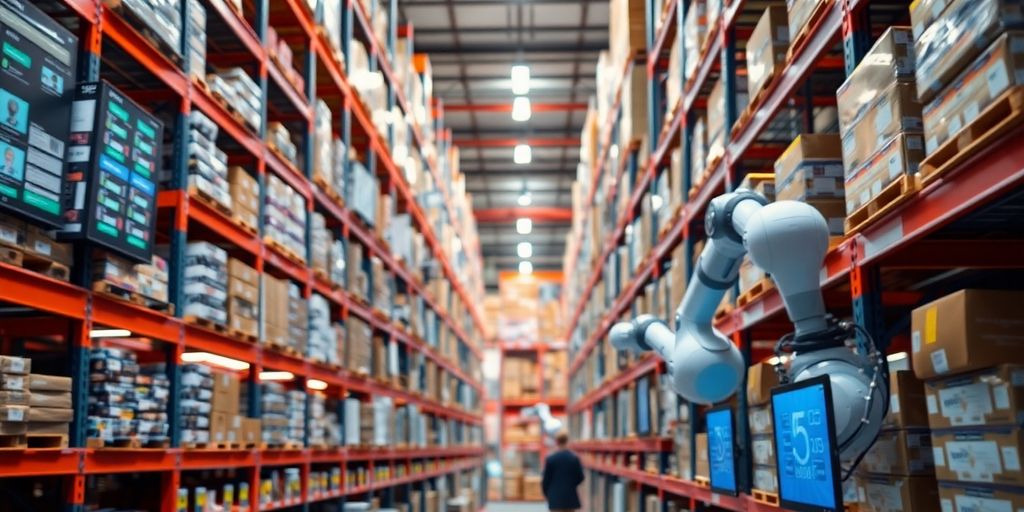 Warehouse with robots and digital inventory management systems.