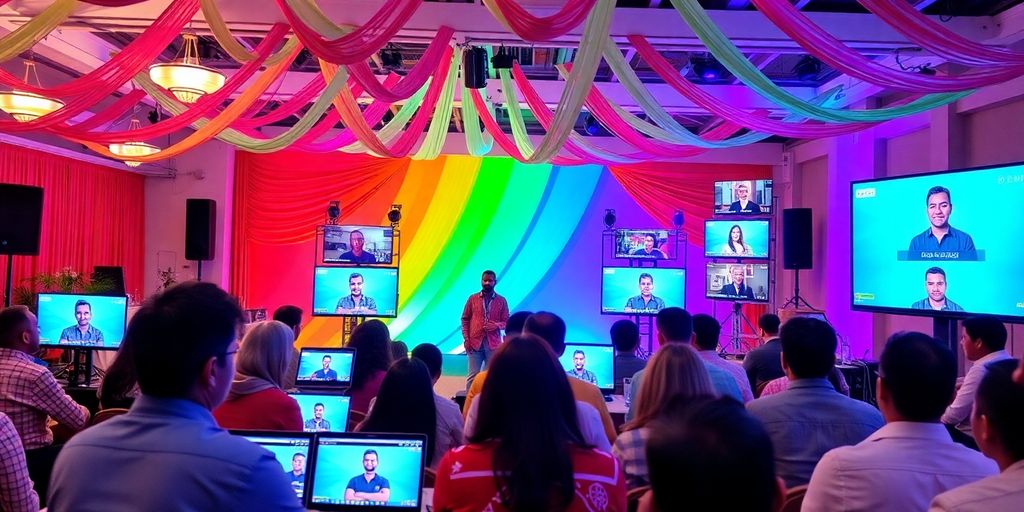 Group of people participating in a lively virtual event.