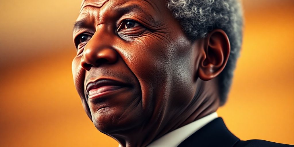 Portrait of Nelson Mandela looking determined and confident.