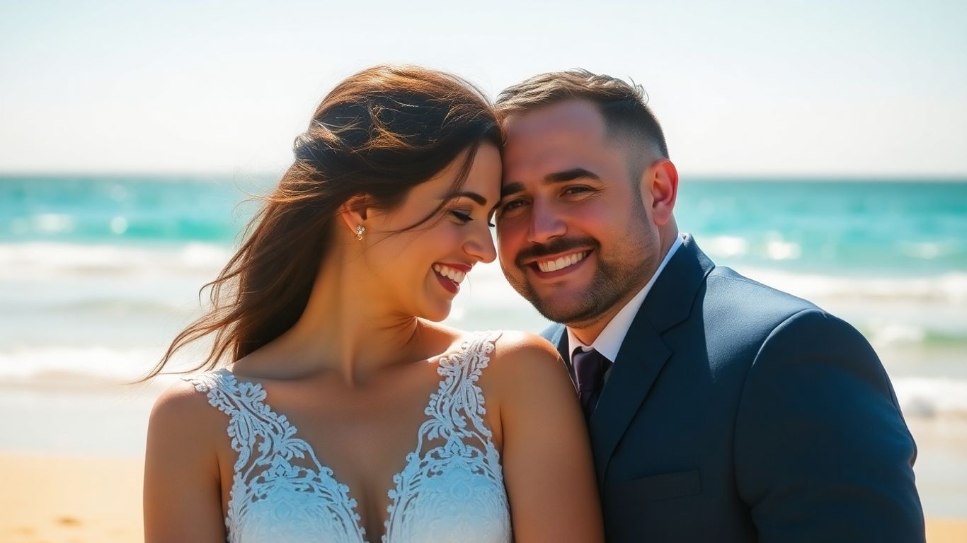 Couple embracing on a sunny beach with ocean backdrop.