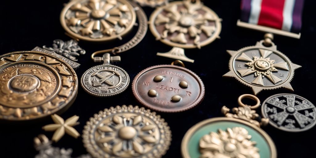 Vintage medals and militaria arranged on a velvet background.