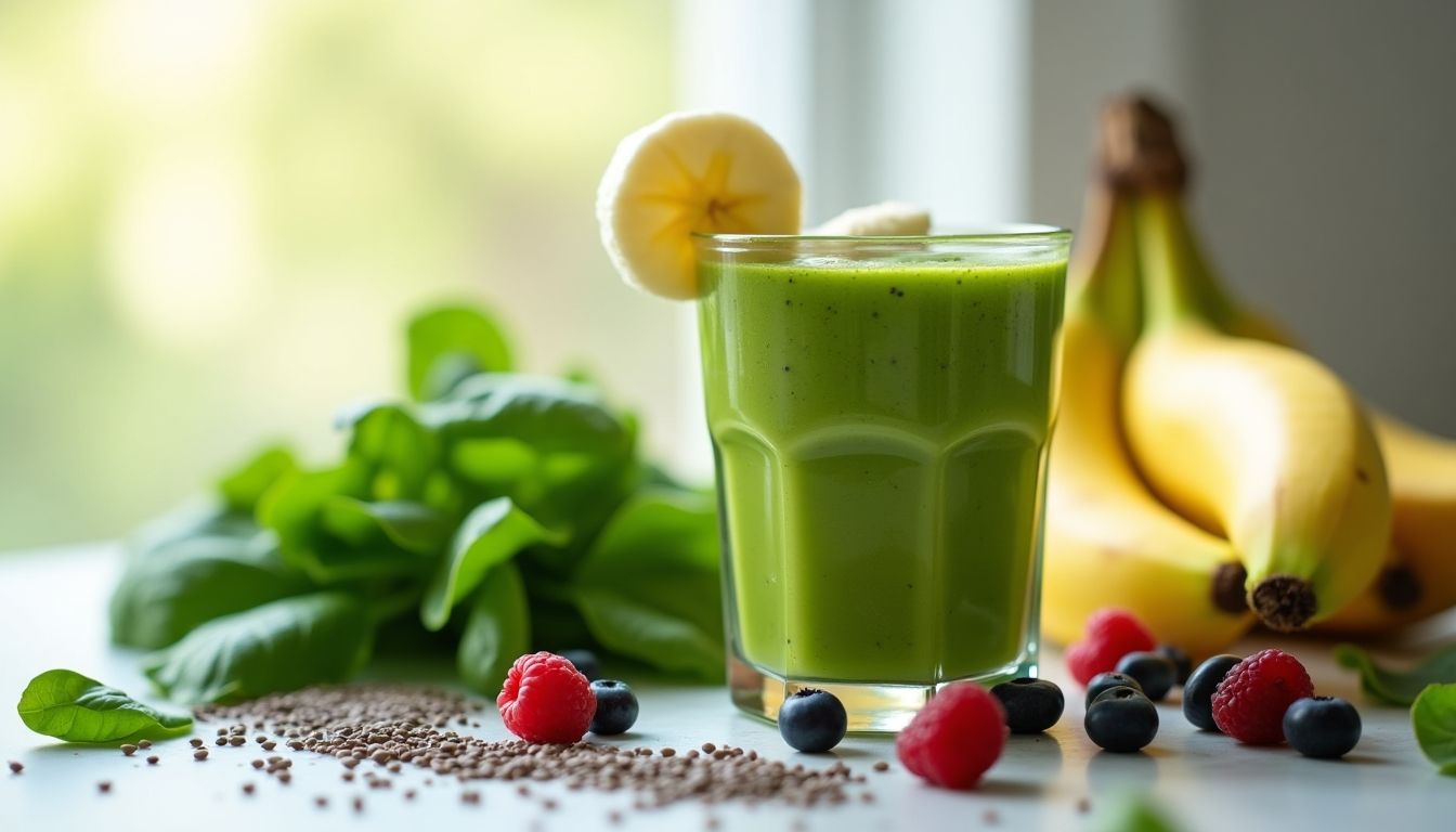Green smoothie with spinach and banana in a glass.