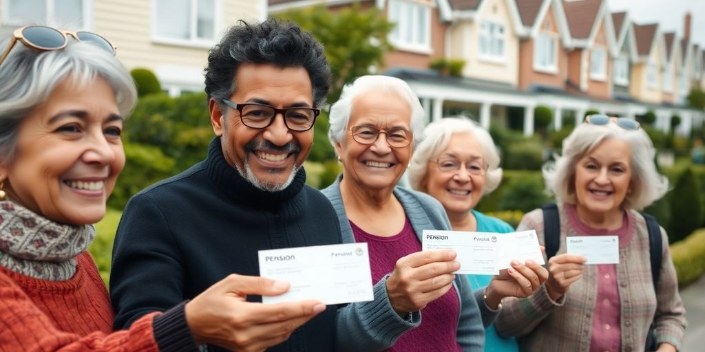 Ouderen die pensioen ontvangen met huizen als achtergrond