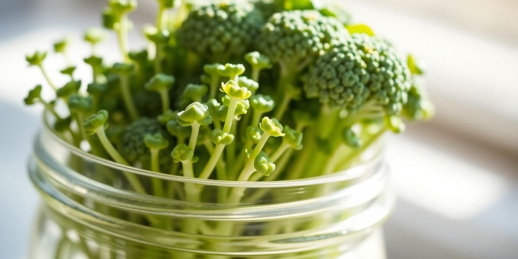 Close-up of vibrant green broccoli sprouts in a clear jar.
