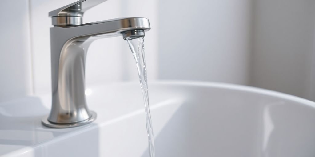 Close-up of a sleek, modern bathroom faucet.