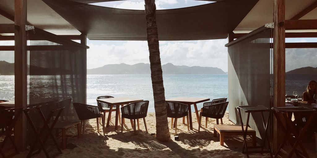 palm tree between table and chairs in sea shore