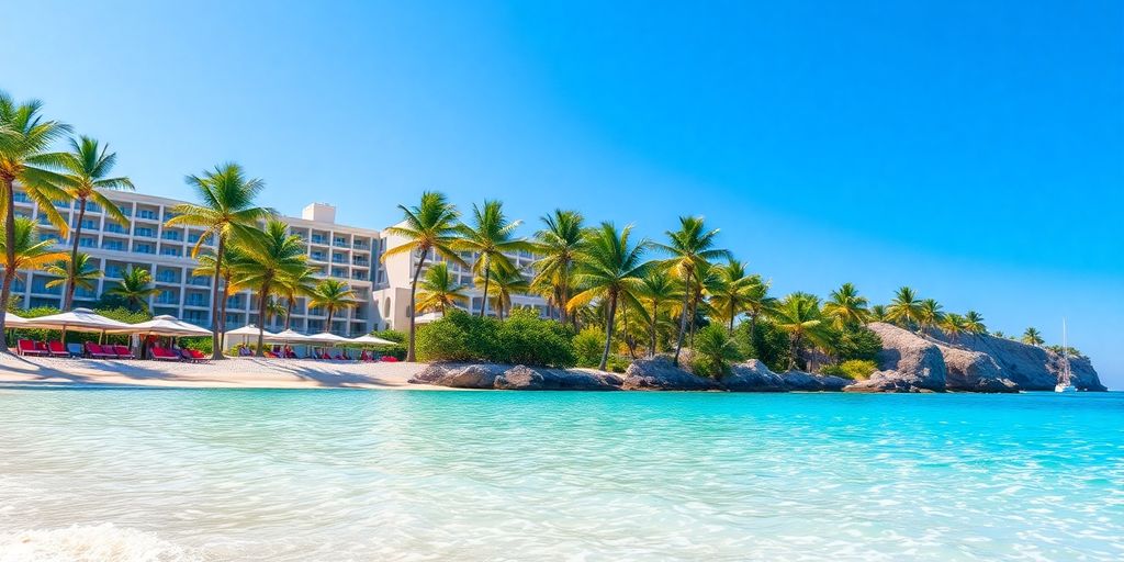 Sunny beach, clear water, palm trees, resort, boat, vibrant.