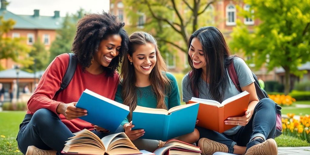 Three friends studying together in a college setting.