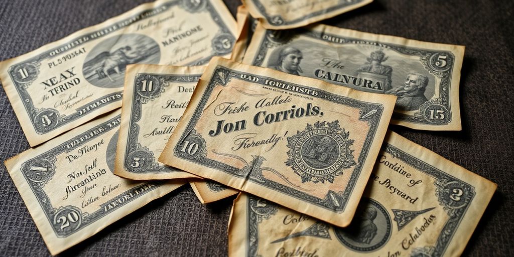 Old paper currency bills with intricate designs and details.