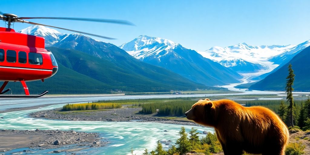 A red helicopter flying over an Alaskan mountain range.