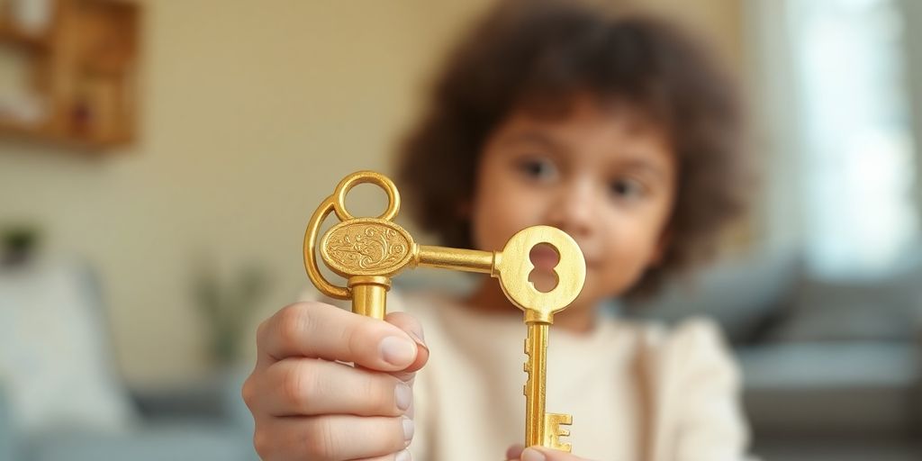 Enfant tenant une clé dorée dans un cadre familial.
