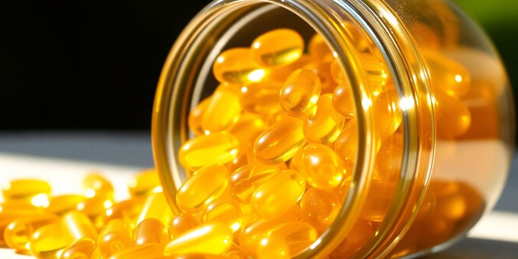 Omega 3 fish oil capsules in a clear bottle.