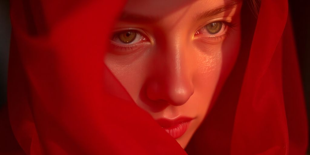 Veiled figure, red silk, sensual gaze, soft light