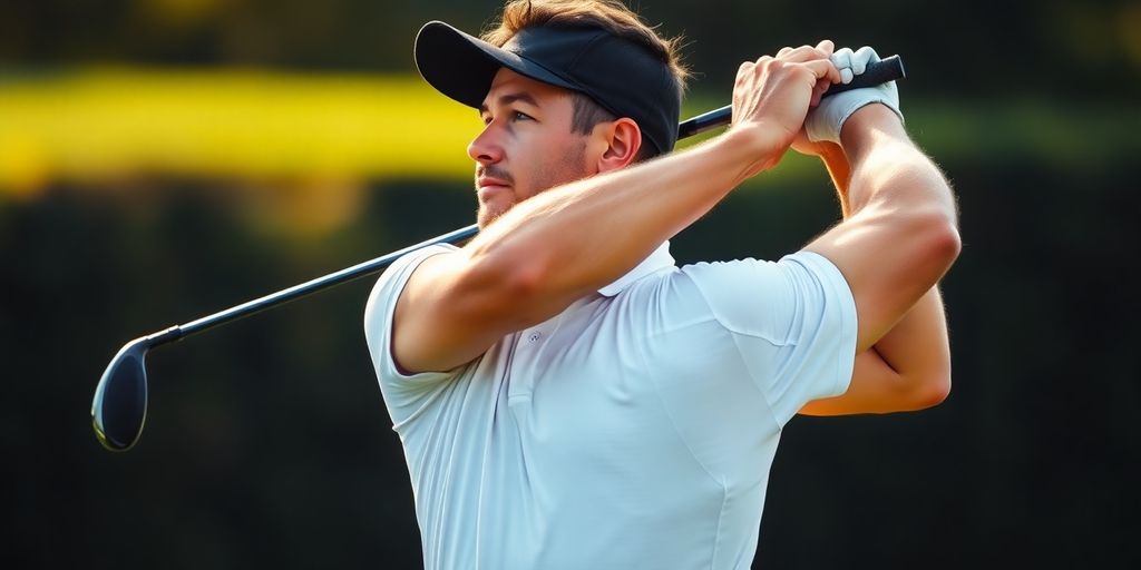 Golfer performing a powerful backswing with strong physique.