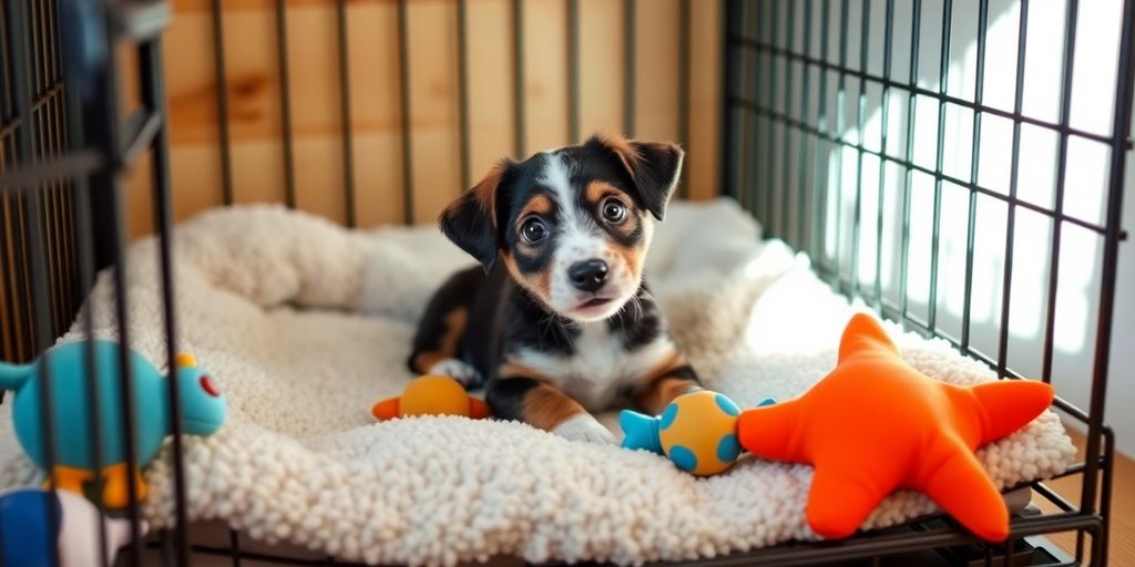 A puppy inside a cozy crate with toys.