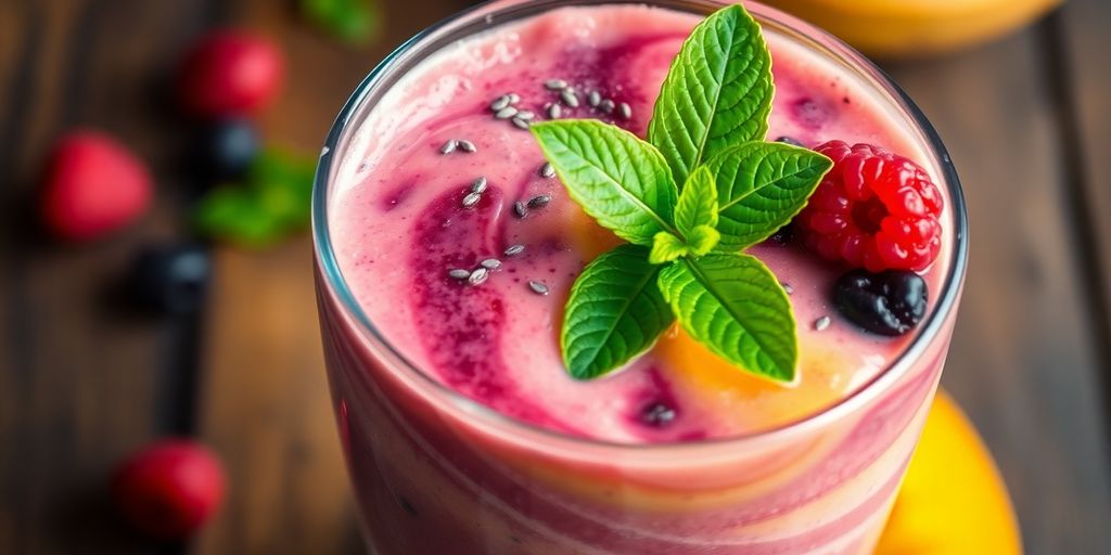 Vibrant homemade smoothie with fresh fruits and leafy greens.