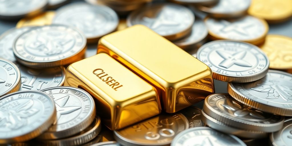 Une pile de pièces d'or et d'argent à côté d'un portefeuille.