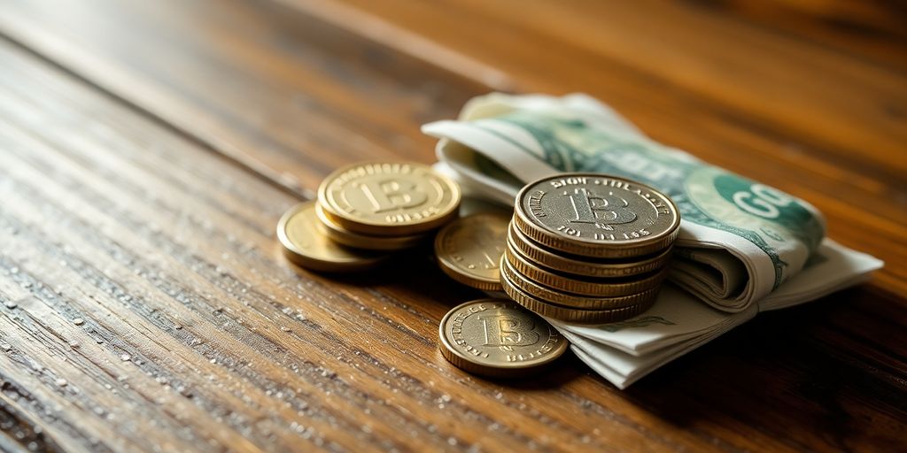 Petites pièces et billets sur une table en bois.