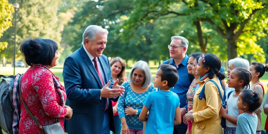 City mayor engaging with diverse community members outdoors.