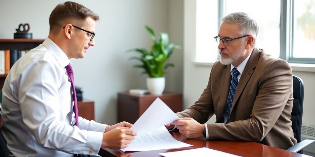Local attorney consulting with a client in an office.