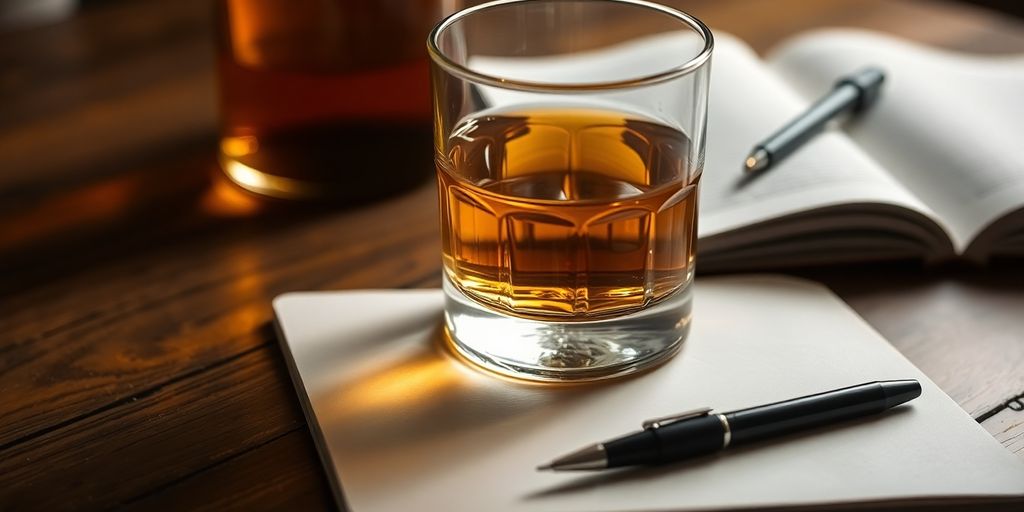 Whiskey glass on a table with notebook and pen.