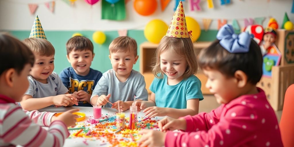 Children enjoying a creative learning activity at a birthday.