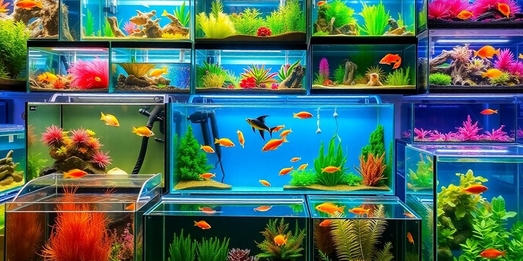 Colorful aquarium tanks with fish and plants.