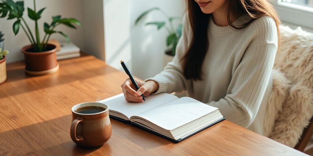 Woman writing in notebook at desk next to tea mug