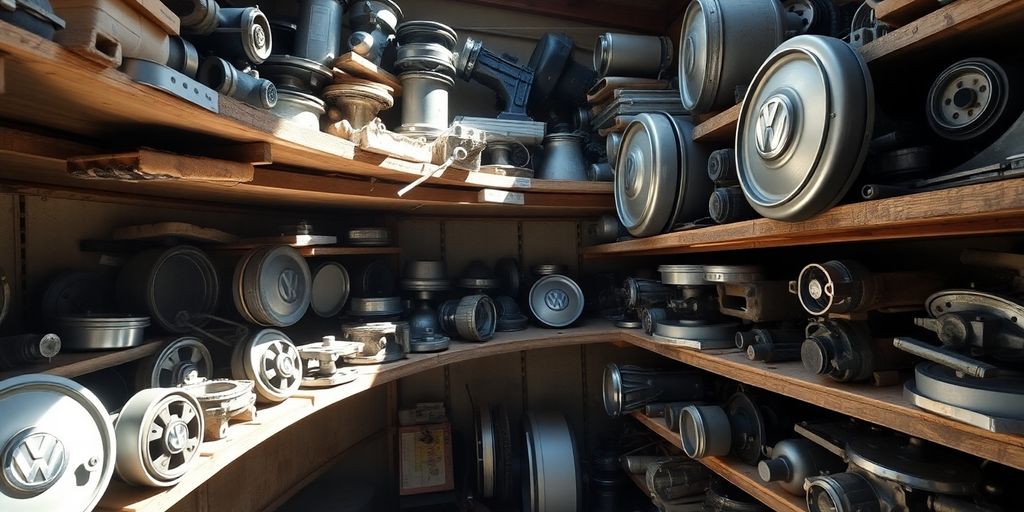 Used Volkswagen parts on a shelf.