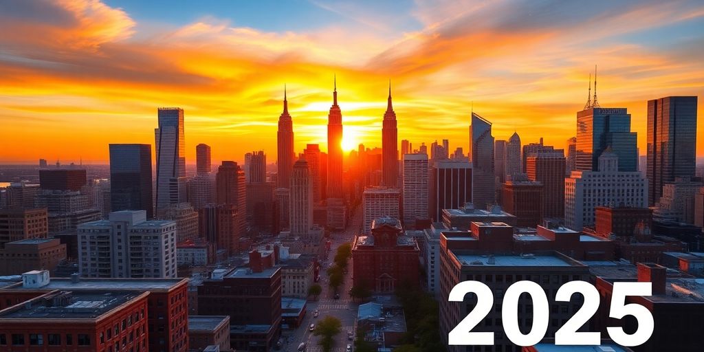 City skyline at sunset with diverse architecture and activity.