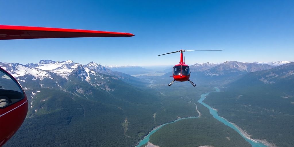 A helicopter flies over vast, snow-capped Alaskan mountain ranges.