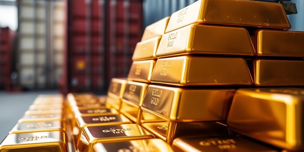 Barres d'or empilées avec un fond flou.