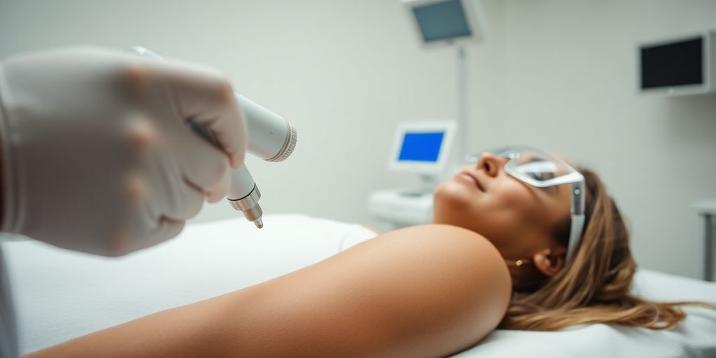 Nd:YAG laser treatment on dark brown female upper arm skin