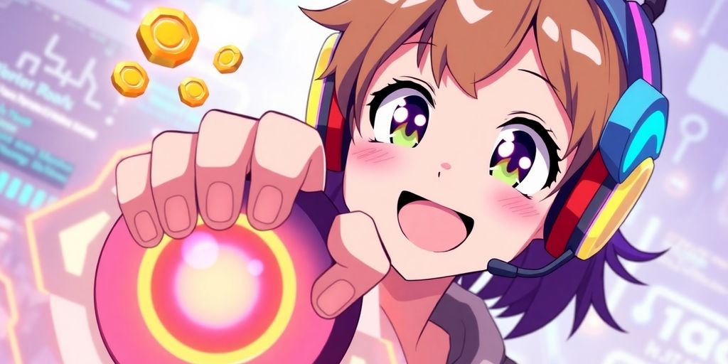 Anime character clicking on a colorful game interface.