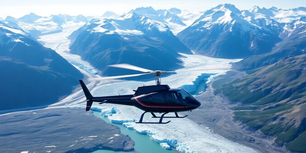 A helicopter flies over a massive Alaskan glacier and mountains.