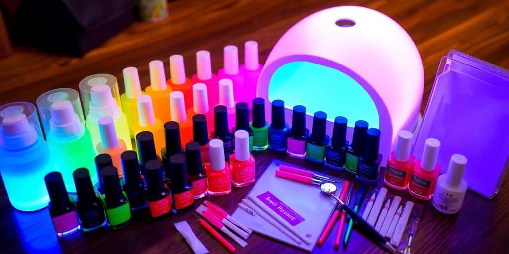 Kit para unhas de gel com esmaltes e ferramentas.