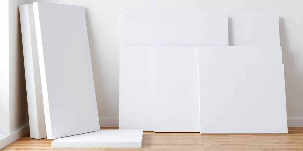 Various blank canvases arranged neatly.