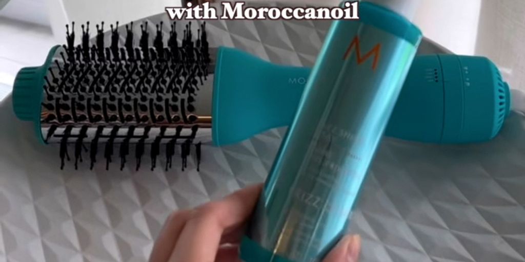 Haircare products with text overlay suggesting a quick styling routine.