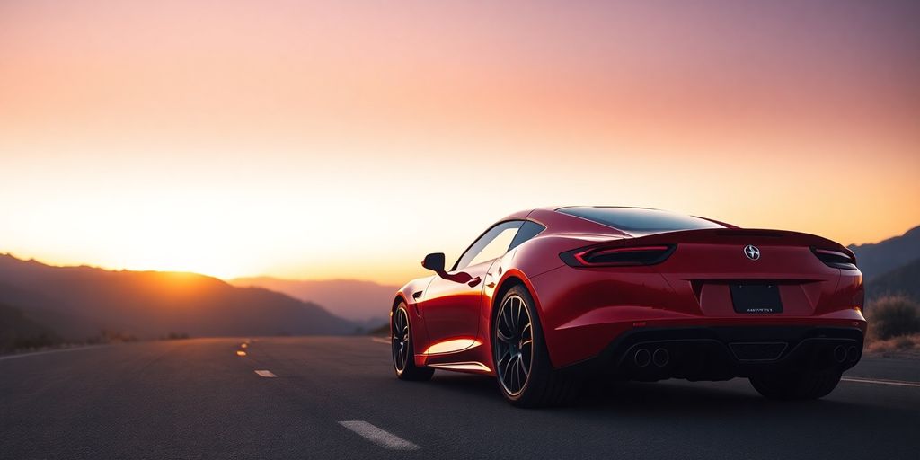 Sleek red sports car on mountain road.