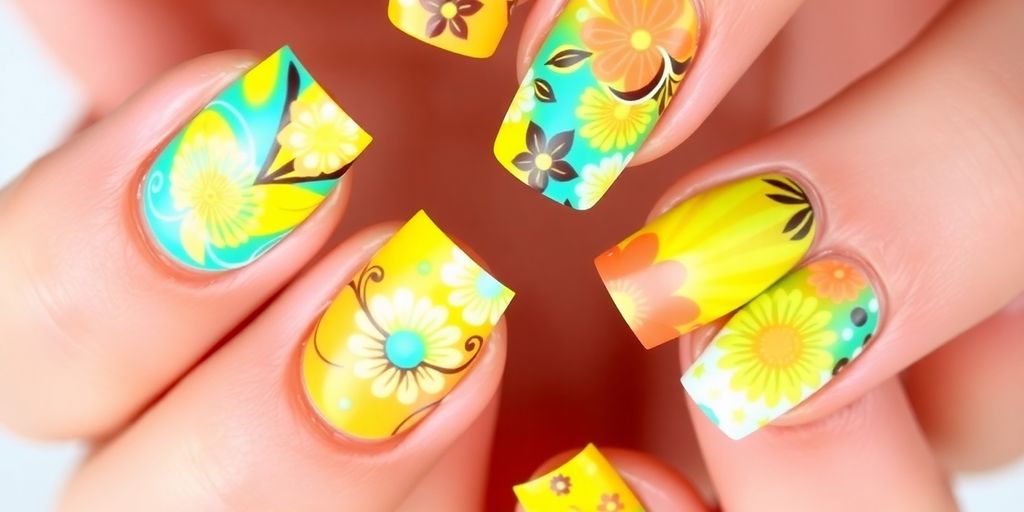 Unhas decoradas em amarelo solar com cores vibrantes.
