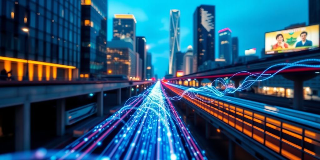 Digital currencies flowing through futuristic city.